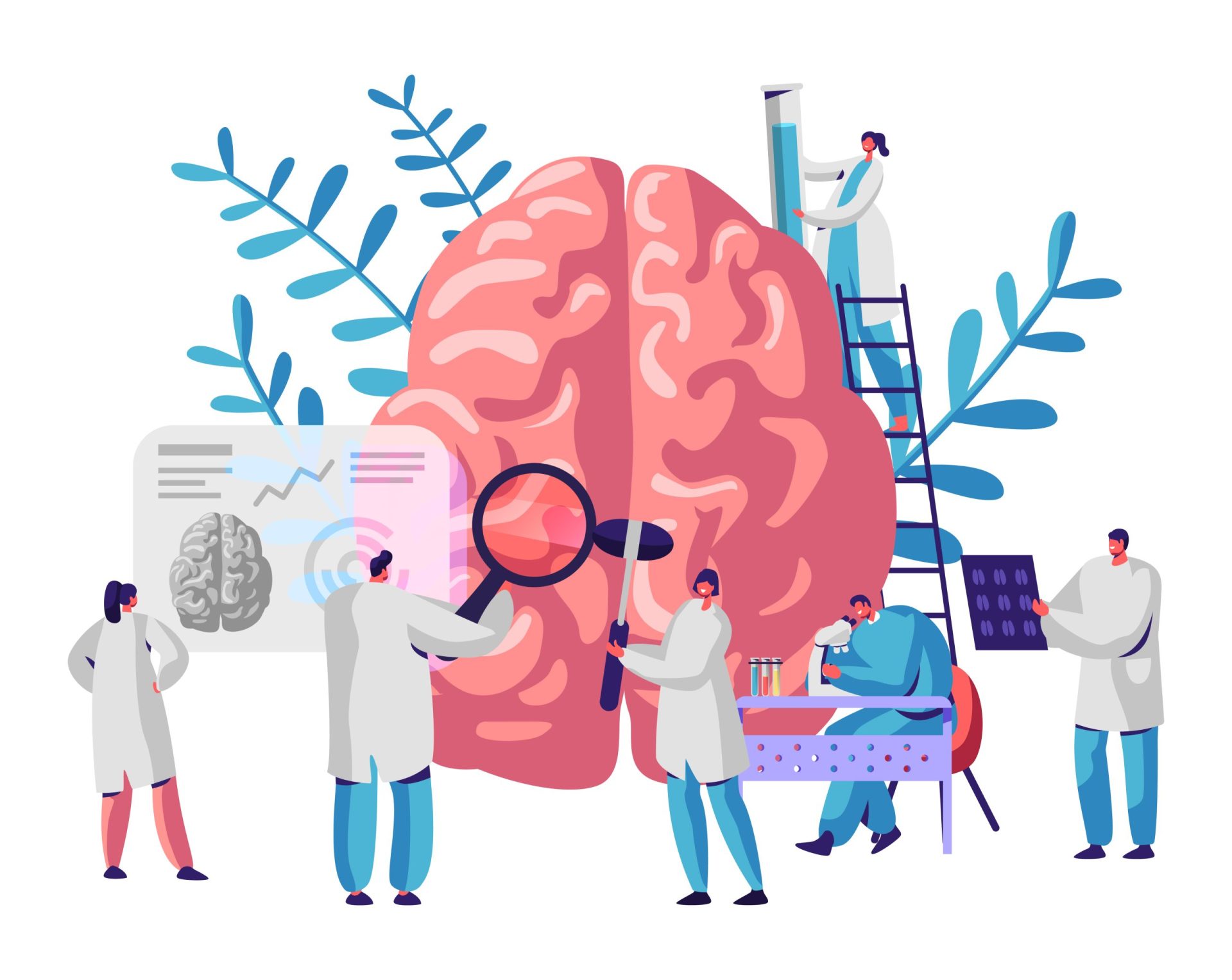 Laboratory,Scientist,Group,Study,Human,Brain,And,Psychology.,Medical,Research illustration of brain with doctors resesarching
