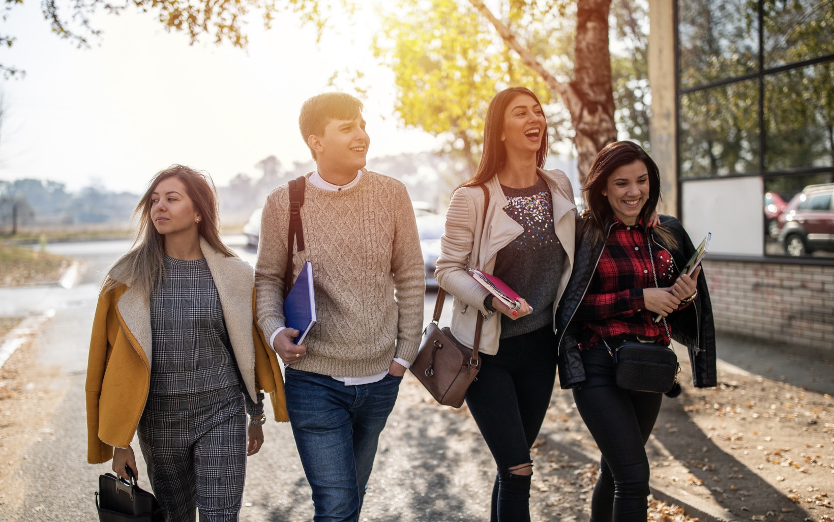 12-8-2 college students walking down the street