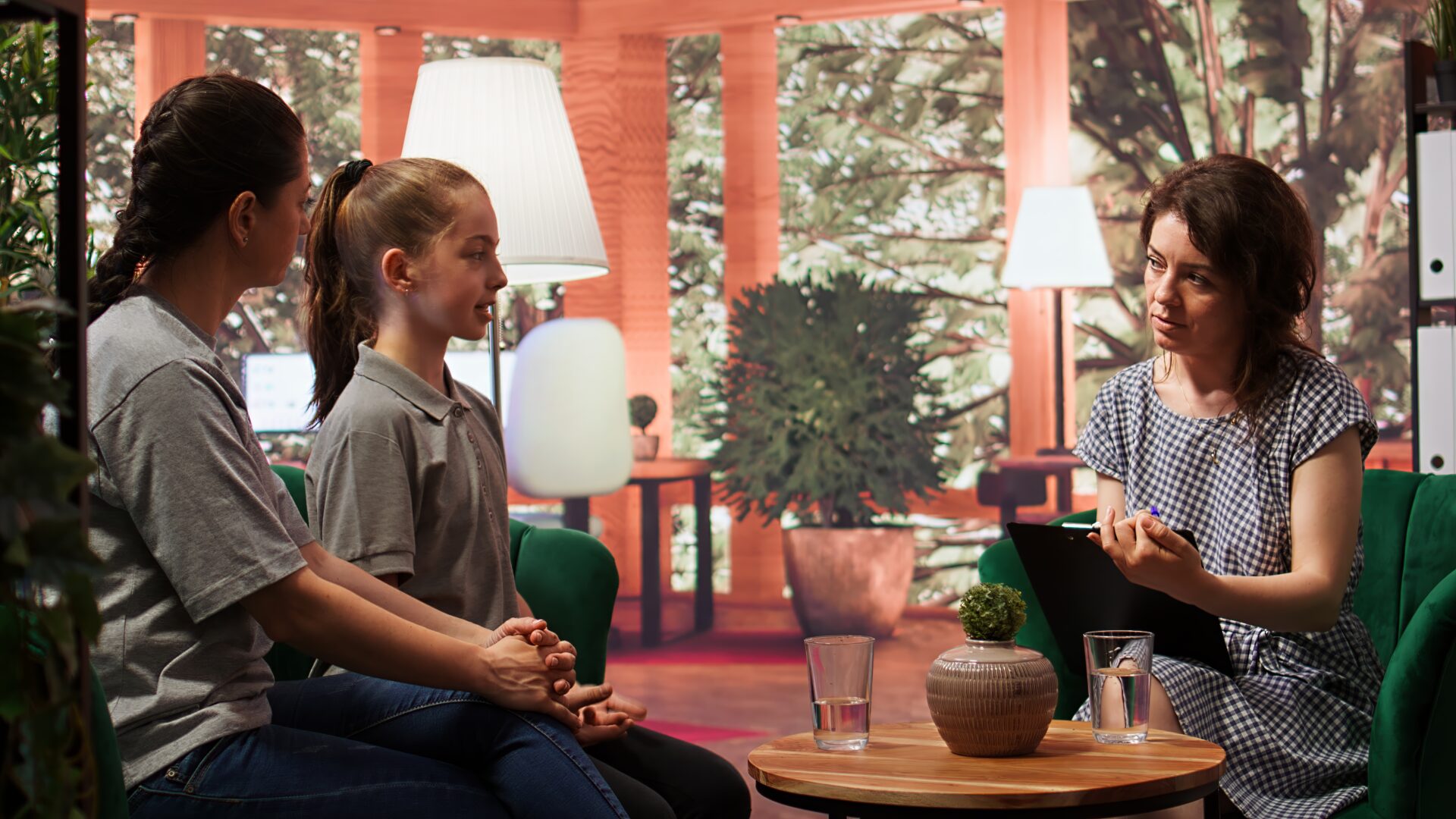 Psychotherapist writing down progress in counseling session with a teenage girl