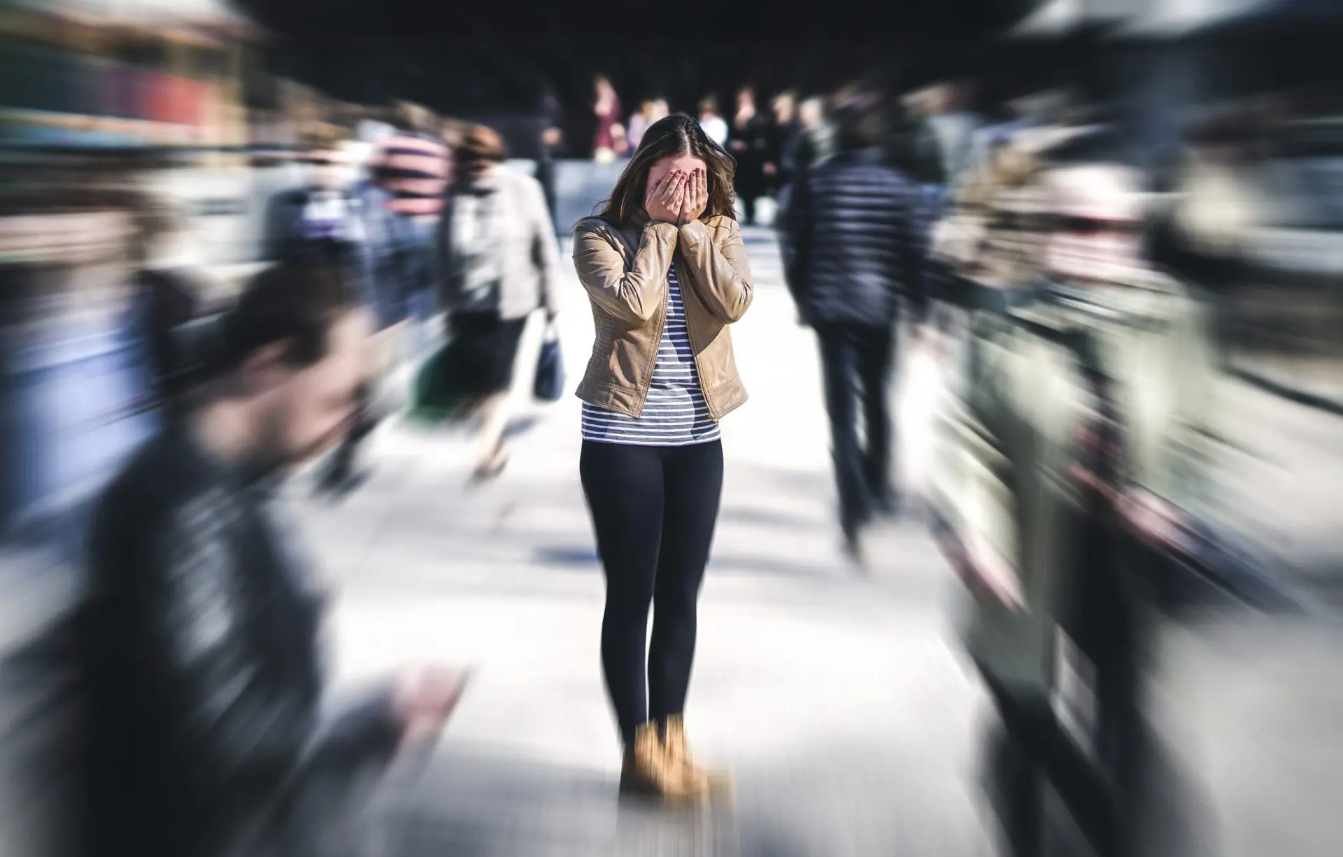 Woman having anxiety in city.