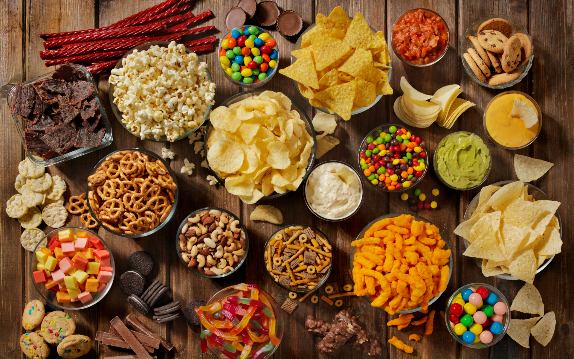 Overhead shot of a table full of snack foods